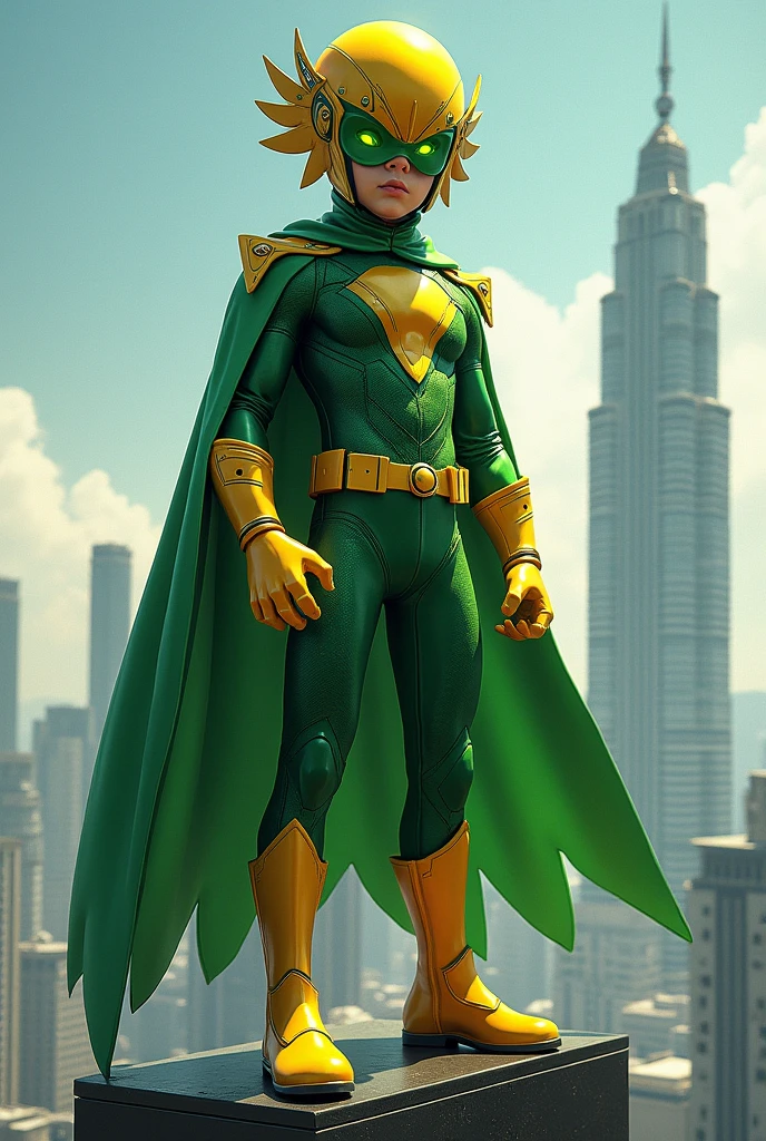 intricate detailed illustration of a teenage boy wearing a helmet with a bird face, green suit, cape, standing on top of a building, hyper realistic, 8k, photorealistic, masterpiece, cinematic lighting, vibrant colors, dramatic composition. Yellow boots. Background klcc.high tech marvel. X-Men. DC comic. Character. Robin