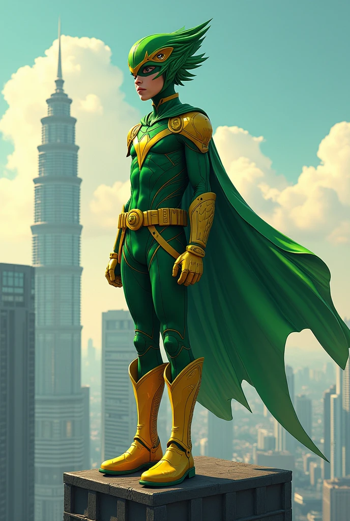 intricate detailed illustration of a teenage boy wearing a helmet with a bird face, green suit, cape, standing on top of a building, hyper realistic, 8k, photorealistic, masterpiece, cinematic lighting, vibrant colors, dramatic composition. Yellow boots. Background klcc.high tech marvel. X-Men. DC comic. Character. Robin