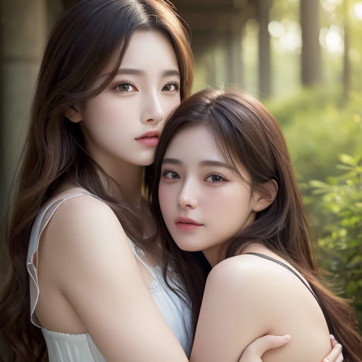 (Highest quality, 4K, 8k, High resolution, masterpiece:1.2), Very detailed, (Realistic, photoRealistic, photo-Realistic:1.37)、2girls,hugging and kissing,