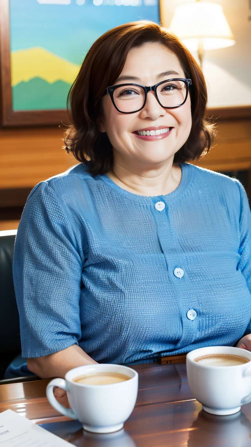 8k wallpaper, masterpiece, Highest quality, Very detailed, One Mature Woman, 50 years old, Become very clear, Wearing a short-sleeved knit, Skin dents, Captivating smile, Looking at the audience, No lapel microphone, Plump, Curvaceous, Attractive face, Smiling with teeth showing, I was happy, sitting in a cafe, Background Blur