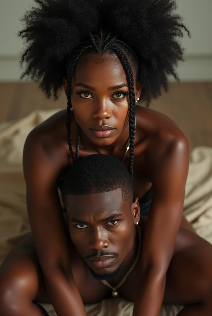 beautiful domineering african woman, 30years, afro braid in hair, sitting on a man&#39;s chin, In floor