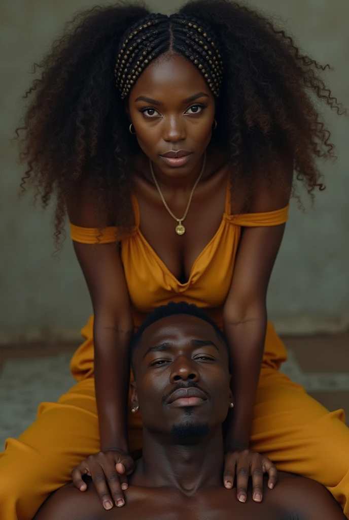 beautiful domineering african woman, 30years, afro braid in hair, sitting on a man&#39;s chin, In floor