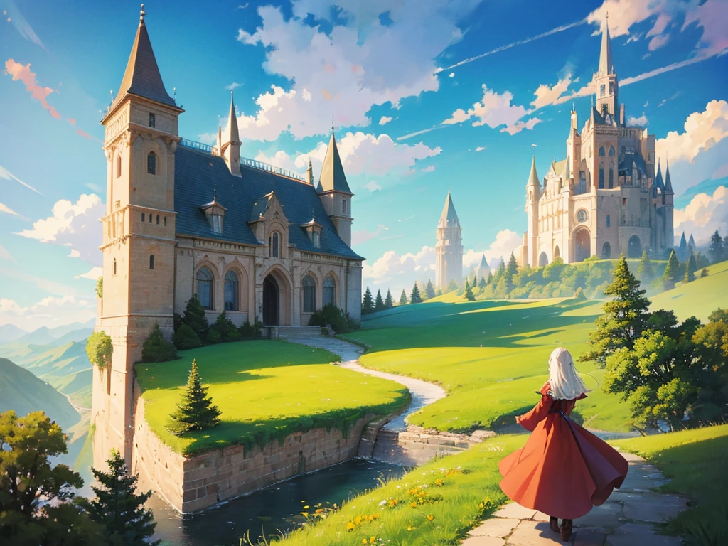 In this anime-style fantasy world, you see an expansive green landscape stretching as far as the eye can see. The sky is clear blue with a few scattered white clouds, and the warm sunlight bathes the scene, giving it a peaceful and inviting atmosphere.
In the distance, there's a small town filled with houses with orange and red rooftops. The most prominent feature is a large stone castle perched on a hill, with tall towers that stand out against the horizon. Some towers have flags gently waving in the breeze. Roads and bridges connect various parts of the town, making it look like something straight out of a fairy tale.
The vast green fields are dotted with large trees, and in some areas, colorful flowers bloom, adding vibrancy to the scene. A small river winds its way through the landscape, creating a soft, calming sound as it flows.
You might also spot some fantastical creatures, like small dragons or cute animals, wandering through the fields, adding a touch of magic and otherworldliness to the scene.
This description should help you visualize the anime-style fantasy world with a vast green landscape and a distant town clearly and vividly