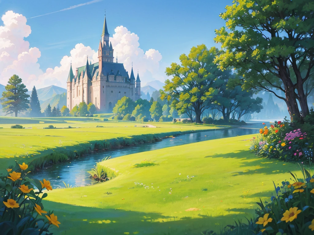 In this anime-style fantasy world, you see an expansive green landscape stretching as far as the eye can see. The sky is clear blue with a few tered white clouds, and the warm sunlight bathes the scene, giving it a peaceful and inviting atmosphere.
In the distance, there's a small town filled with houses with orange and red rooftops. The most prominent feature is a large stone castle perched on a hill, with tall towers that stand out against the horizon. Some towers have flags gently waving in the breeze. Roads and bridges connect various parts of the town, making it look like something straight out of a fairy tale.
The vast green fields are dotted with large trees, and in some areas, colorful flowers bloom, adding vibrancy to the scene. A small river winds its way through the landscape, creating a soft, calming sound as it flows.
You might also spot some fantastical creatures, like small dragons or cute animals, wandering through the fields, adding a touch of magic and otherworldliness to the scene.
This description should help you visualize the anime-style fantasy world with a vast green landscape and a distant town clearly and vividly