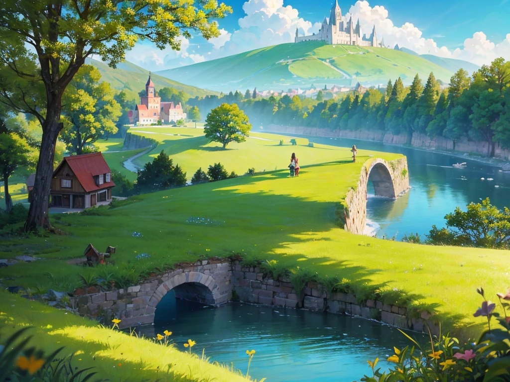 In this anime-style fantasy world, you see an expansive green landscape stretching as far as the eye can see. The sky is clear blue with a few scattered white clouds, and the warm sunlight bathes the scene, giving it a peaceful and inviting atmosphere.
In the distance, there's a small town filled with houses with orange and red rooftops. The most prominent feature is a large stone castle perched on a hill, with tall towers that stand out against the horizon. Some towers have flags gently waving in the breeze. Roads and bridges connect various parts of the town, making it look like something straight out of a fairy tale.
The vast green fields are dotted with large trees, and in some areas, colorful flowers bloom, adding vibrancy to the scene. A small river winds its way through the landscape, creating a soft, calming sound as it flows.
You might also spot some fantastical creatures, like small dragons or cute animals, wandering through the fields, adding a touch of magic and otherworldliness to the scene.
This description should help you visualize the anime-style fantasy world with a vast green landscape and a distant town clearly and vividly
