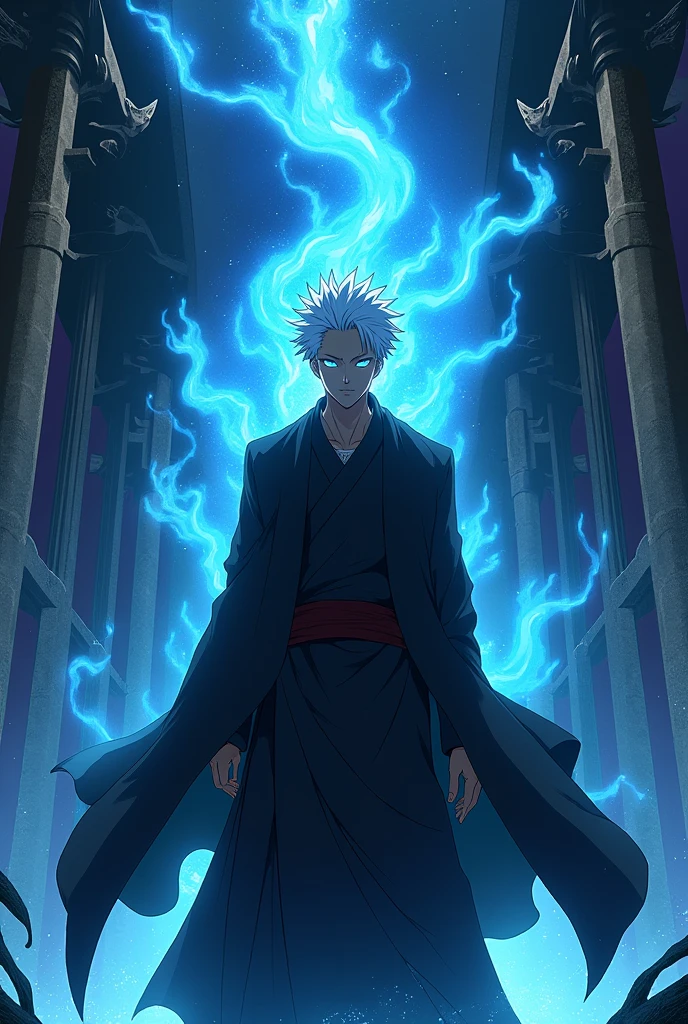 (chef-d&#39;œuvre, illustration, animé:1.3), 1 personne, Satoru Gojo de Jujutsu Kaisen, (tenue noire classique:1.2), debout à l&#39;intérieur d&#39;un temple la nuit, (cheveux blancs en désordre:1.1), (yeux bleus émettant de la lumière bleue:1.2), (Expression calme:1.1), (Yeux découverts:1.1), (présence puissante:1.2), (mystical atmosphère:1.2), (Clair de lune subtil:1.1), (Architecture de temple complexe:1.2), (ombres menaçantes:1.1), (robes fluides:1.1), (Plis et plis détaillés:1.1), (Aura bleue intense:1.2), (symboles de pouvoir qui l&#39;entourent:1.1), (énergie magique rayonnante:1.2), (gestes de lancement de sorts:1.1), (artefacts mystérieux:1.1), (Particules éthérées:1.1), (pose dynamique:1.2), (Bande-son épique:1.2), (sentiment de respect:1.1), (prouesse magique:1.1), sur le pouvoir, mise sous tension, sphère, Extrême, Concentré.