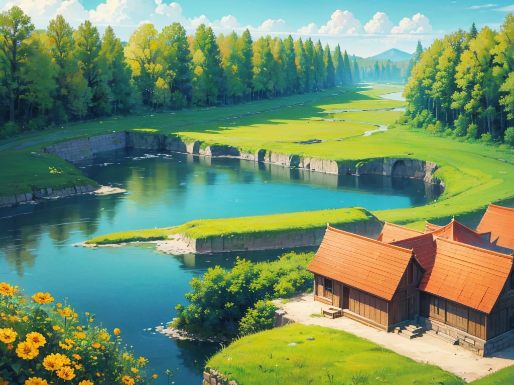 In this anime-style fantasy world, you see an expansive green landscape stretching as far as the eye can see. The sky is clear blue with a few scattered white clouds, and the warm sunlight bathes the scene, giving it a peaceful and inviting atmosphere.
In the distance, there's a small town filled with houses with orange and red rooftops. The most prominent feature is a large stone castle perched on a hill, with tall towers that stand out against the horizon. Some towers have flags gently waving in the breeze. Roads and bridges connect various parts of the town, making it look like something straight out of a fairy tale.
The vast green fields are dotted with large trees, and in some areas, colorful flowers bloom, adding vibrancy to the scene. A small river winds its way through the landscape, creating a soft, calming sound as it flows.
You might also spot some fantastical creatures, like small dragons or cute animals, wandering through the fields, adding a touch of magic and otherworldliness to the scene.
This description should help you visualize the anime-style fantasy world with a vast green landscape and a distant town clearly and vividly