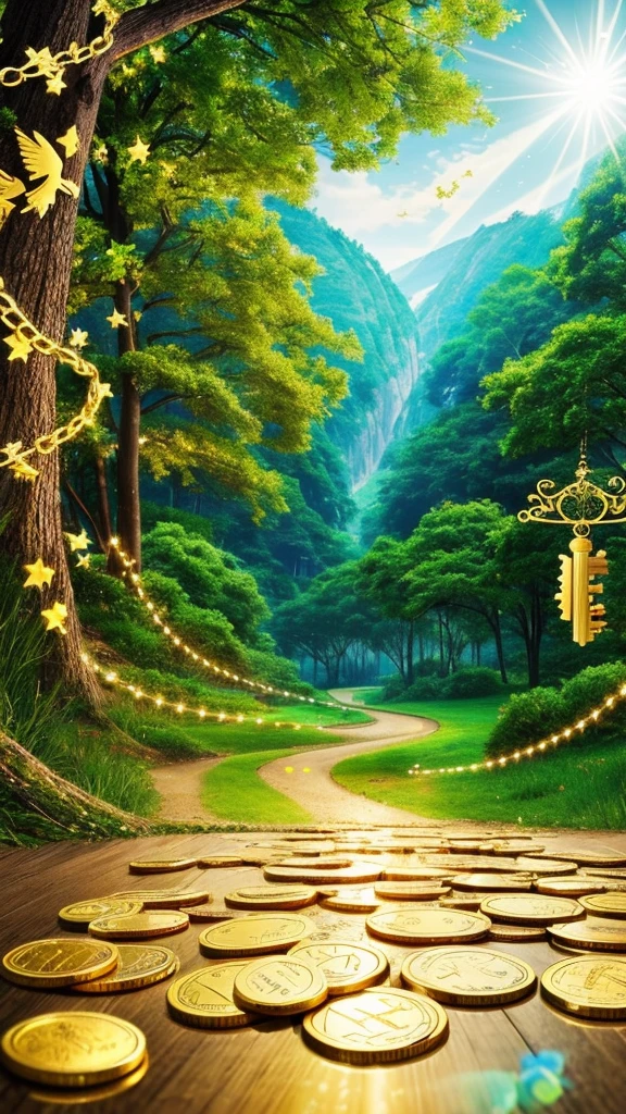 Good luck background image、A powerful miracle of light pours down、wishes come true、Good luck and satisfaction、May you find happiness in both your work and personal life.、Image of breaking the chain、key、Angel Wings、Gold coins、heart、Trees、sense of stability
