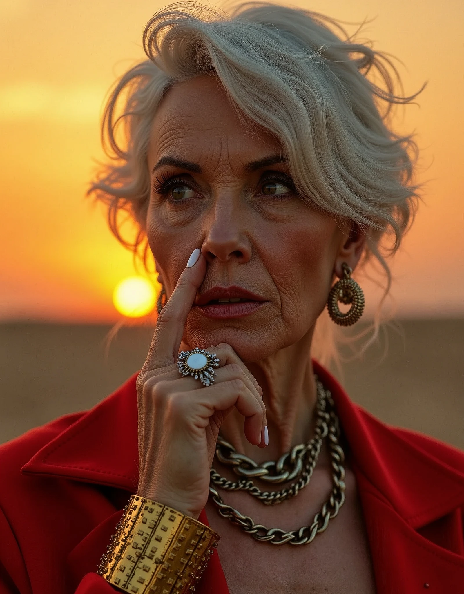 insane sunset, insane professional Illustration hand`s nails-style nails-view, Adult The photograph showcases a close-up portrait of a Old woman posed against a neutral-toned background that complements her complexion. The lighting is soft, diffused evenly to highlight the contours of her face without harsh shadows, suggesting the use of a broad light source or a reflector to achieve such balanced illumination. Her hair is swept to one side, styled to move with the wind, which adds a dynamic element to the image. The color palette is harmonious, with her tan outfit and golden accessories creating a warm, monochromatic effect. She's adorned with bold, statement jewelry—a large golden link chain as a choker and chunky lettered earrings, both contributing to a luxe aesthetic. Her finger, placed gently against her lips, draws attention to her face, which is the clear subject of the composition. She wears a broad, studded cuff on her wrist that echoes the style of the necklace, and her expression is contemplative, with her gaze slightly averted from the camera, inviting viewers to ponder her thoughts. Technically, the depth of field is shallow, keeping her features in sharp focus while softly blurring the background, which suggests the use of a lens with a wide aperture. The composition employs a tight framing that captures the model from the chest up, emphasizing her expression and the fine details of her accessories. The overall effect is one of understated elegance and high-fashion sensibility. varies,multi, etc. --v 6 --s 1000 --c 20 --q 500 --chaos 100