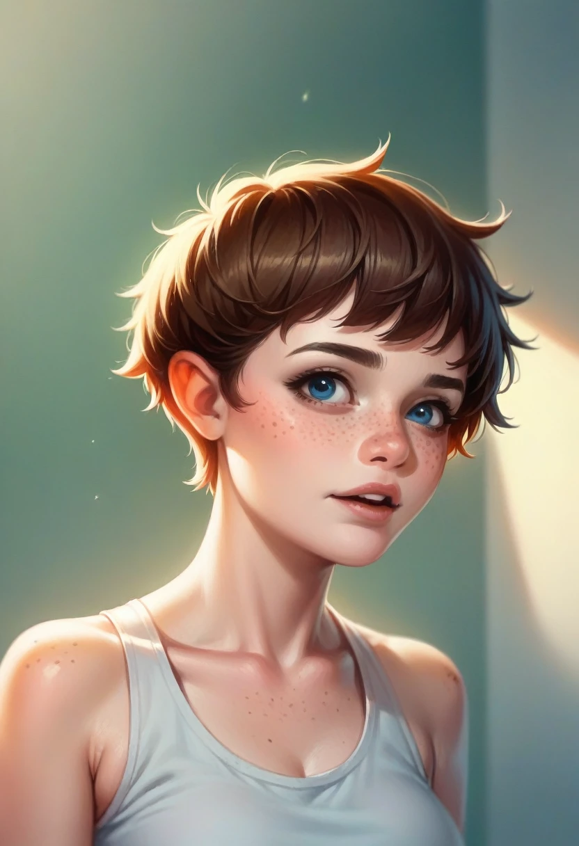 Brunette pixie girl with freckles and blue eyes. Medium-wide-angle
