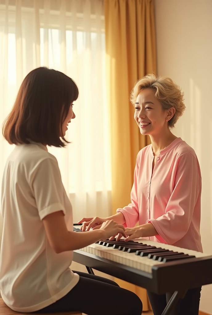 An 18-year-old Japanese woman is taking singing lessons from a 30-year-old Japanese woman.。Both of them are wearing long sleeve blouses and have small breasts.。The 18-year-old girl has dark brown hair with bangs and is wearing white clothing.。The 30-year-old woman has short, curly blonde hair and is wearing pink clothing.。Both of them are smiling and having fun。The room is bright and bright.、The wall color is champagne gold。A 30-year-old woman is sitting and playing an electronic piano.、I can't see his face because he's looking at me from behind。An 18-year-old woman is standing and speaking out。For the two of them1There is a distance of about meters、The bodies are not touching。Looks like a real photo。The two of them are staring at each other