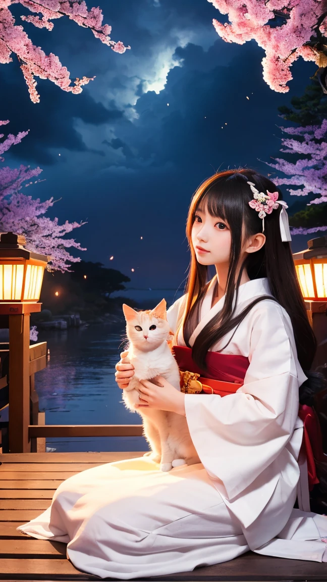 A cute cat dressed as a Shinto shrine maiden (miko), in a mystical and ethereal setting. Soft pastel colors, magical aura, dreamy atmosphere. Fantasy elements like glowing fireflies or cherry blossoms. Anime-inspired style.