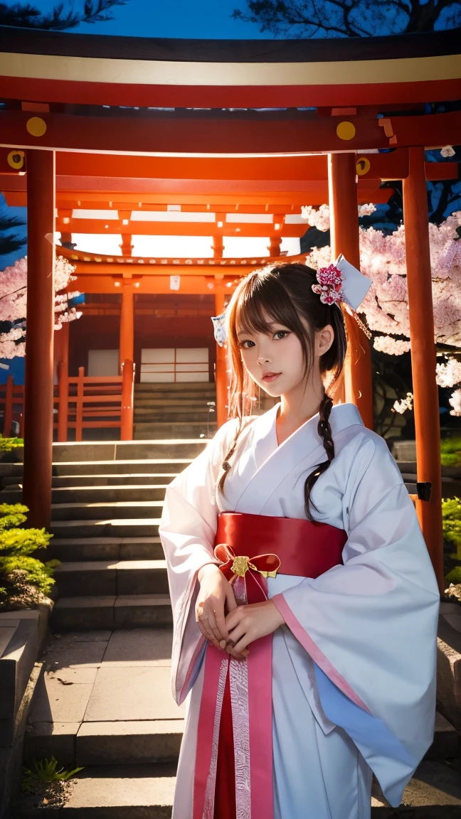 A cute cat dressed as a Shinto shrine maiden (miko), in a mystical and ethereal setting. Soft pastel colors, magical aura, dreamy atmosphere. Fantasy elements like glowing fireflies or cherry blossoms. Anime-inspired style.