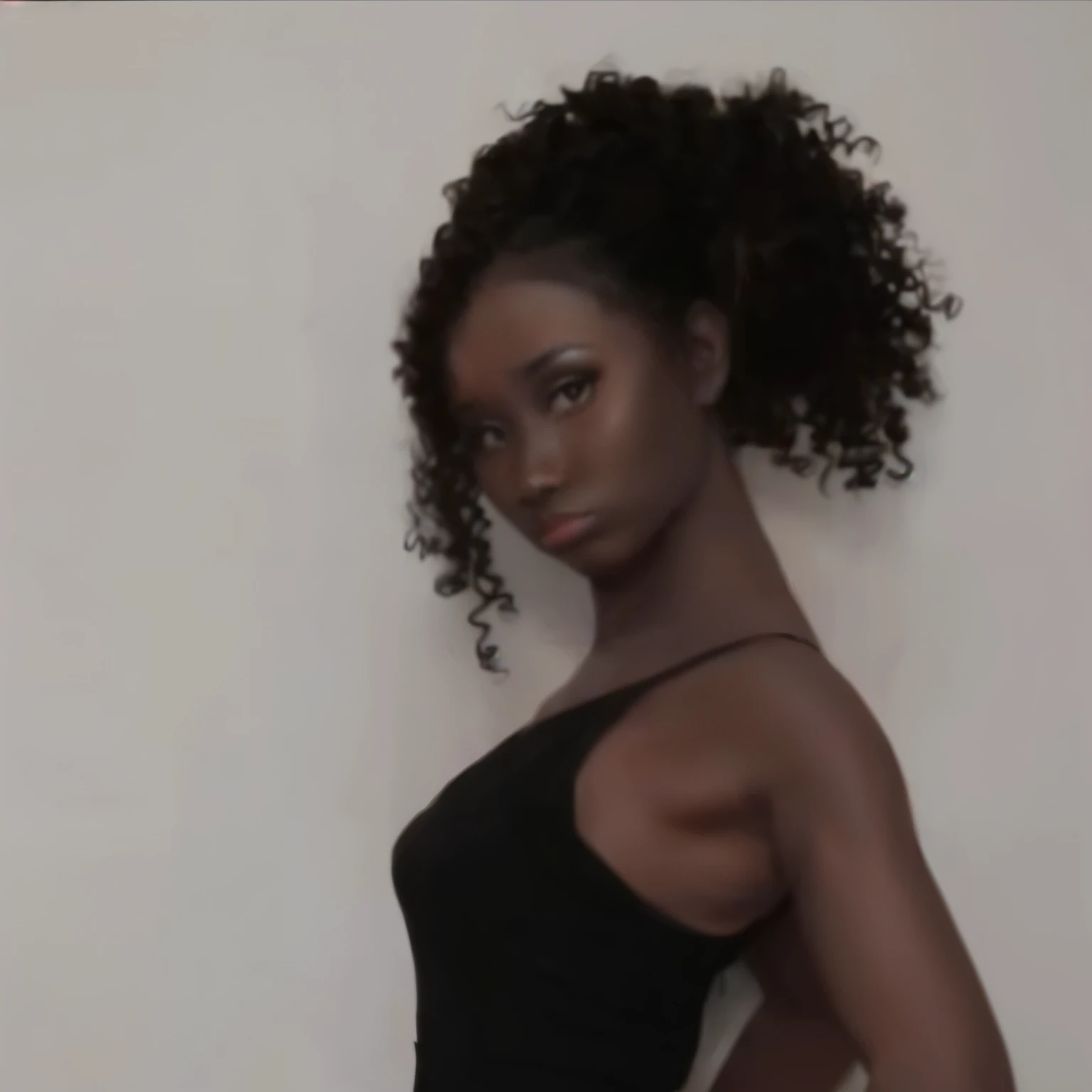 Close-up of a woman in a black dress, posing for a photograph, Smooth black lioness, 2, 4 year old girl model, young black woman, Black young woman, high, god, beautiful goddess, photo of a slender girl model, she has olive brown skin, model posing, black teenage girl, black, black, strong posture, woman posing