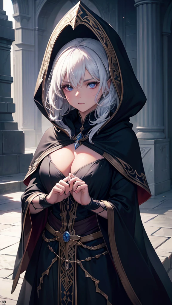 a beautiful mystical elfa sorceress, modest, wearing an old dark hooded cloak, white hair, deep dark eyes, tan skin, brave warrior, ambitious, not very friendly, orphaned thief, detailed face, (best quality,4k,8k,highres,masterpiece:1.2),ultra-detailed,(realistic,photorealistic,photo-realistic:1.37),vivid colors,dramatic lighting,dark fantasy,concept art,digital painting