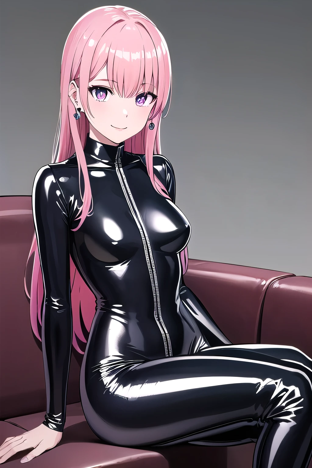 (8K, top-quality, masterpiece:1.2), ( Super Detail), (One girl), (Highly detailed), (beautifully detailed eyes), (of the highest quality), (super detailed ), (masterpiece), (Detailed face), ((pink hair,long hair)), medium breasts, clothed, Perfect Lighting, BREAK, (black glossy bodysuit:1.3), high neck with a full zipper, (glossy fabric:1.1), (black tights:1.2), matte finish, (thigh-high boots:1.1), sleek and slim, (silvery earrings:1.1) with a touch of sparkle, glossy makeup, sleek hair, fitted and sexy silhouette, stylish and modern look, BRAKE, (upper body and thighs:1.1), (smile:1.1), (face turned slightly:1.1), (sitting with legs spread:1.2), on a sofa, (white background:1.1), (dramatic lighting:1.1), BRAKE