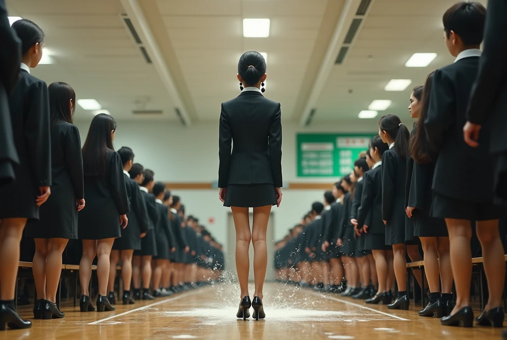 女教師のおしっこPeeing、Student urinates at graduation ceremony、Peeing、peeing herself、A lot of pee、From directly below、Gaze at the audience、Black Suit、mini skirt、tie、Stiletto heels、Perfect figure、Very beautiful、Japanese elementary school teacher、Earrings、Heavy makeup、学校の体育館で卒業式を取り行っている最中に女教師がおしっこPeeing、The female teacher is surrounded by many students.