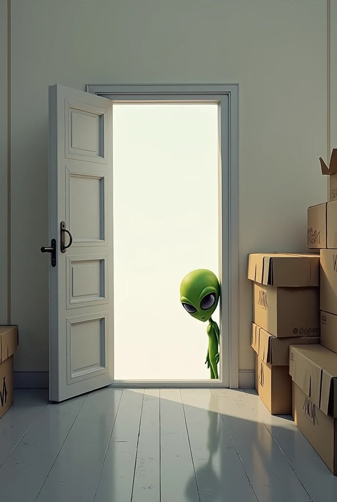 Looking from outside through a door at the back of a truck bed that has one door open, you can see the back of the white room with some cardboard boxes stacked on one of the sides and where only the head of a little Martian sticking out from the right staring at you from inside the room, who is holding one of the edges with one of his hands and is looking out.