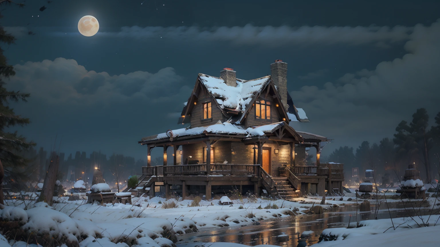 Night, moon, blue, house, light, ultra realistic, dramatic
