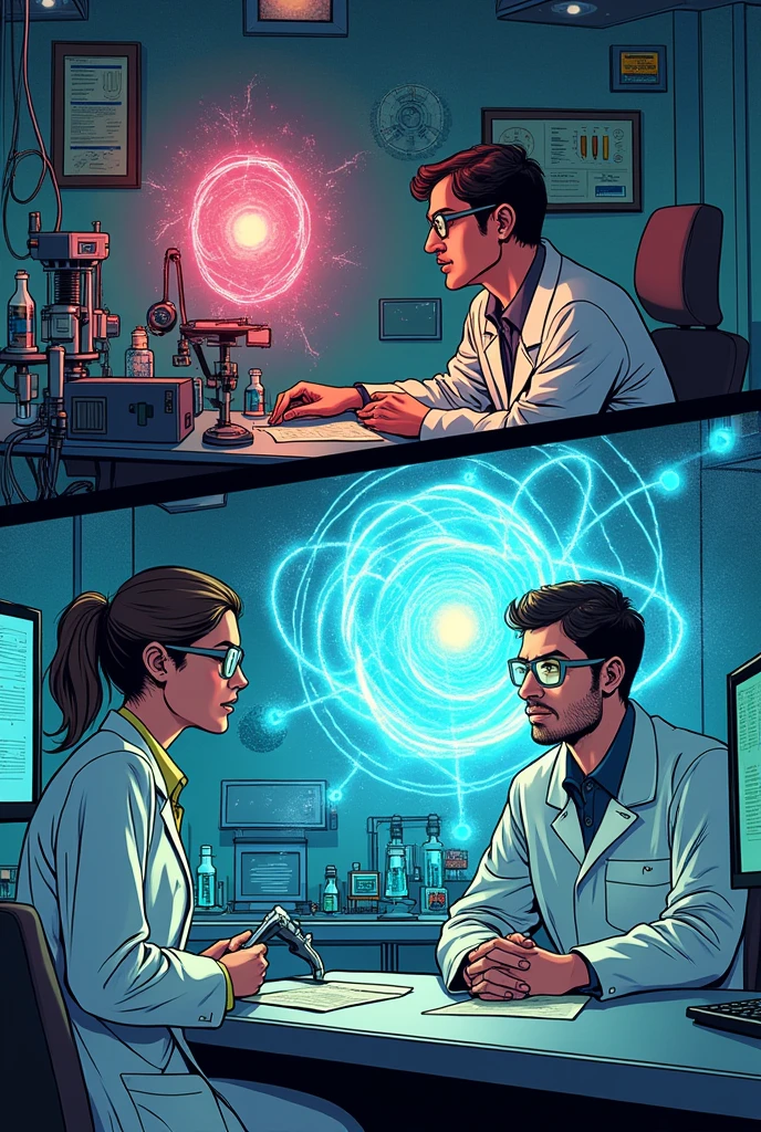 It generates 2 scientists researching bioenergetics in a laboratory and in another vignette an accident occurs and they travel to the past in comic style