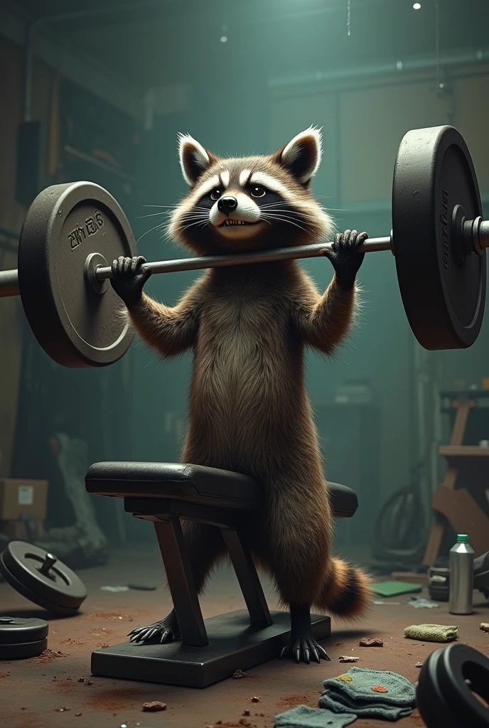 Raccoon doing bench press