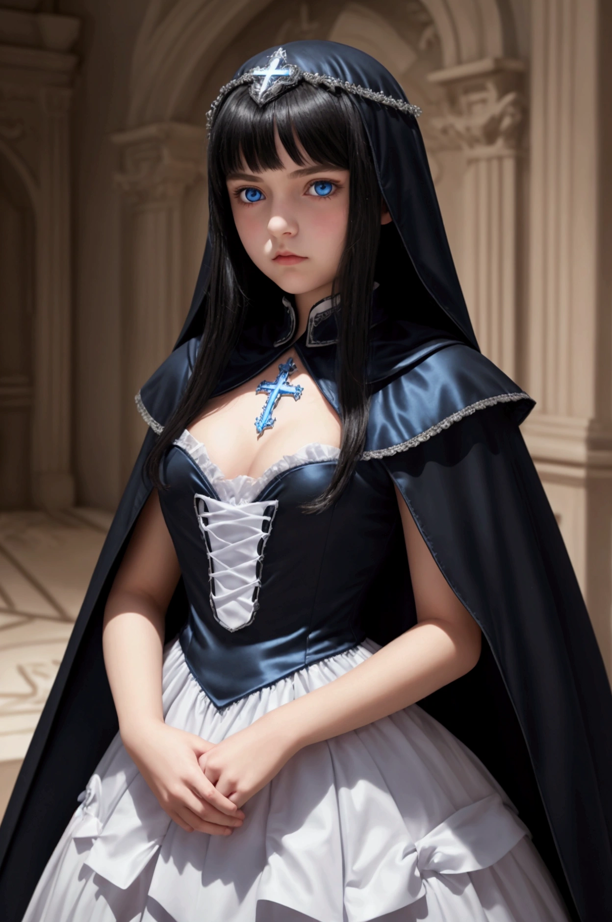 TeEn girl, evil, teenager(1.3),, teen girl,vemall breats, black hair and blue eyes, detailed face, ,cleavage, dress with cape, desing with christian cross ,background in prussia
