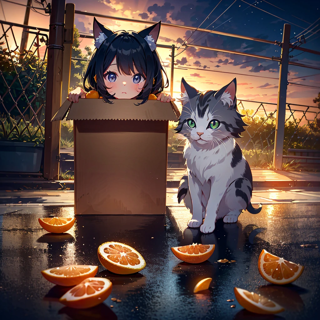 {{{Masterpiece, highest quality, high resolution background}}}, Bright and beautiful atmosphere, 1 girl (, round face, baby face), roadside with a fence, small breasts, a kitten in a cardboard box of oranges A girl crouching down and looking into a cardboard box, "deltamon_sdXL :0.73)>Deltamon"