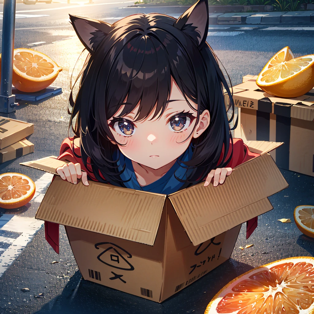 {{{Masterpiece, highest quality, high resolution background}}}, Bright and beautiful atmosphere, 1 girl (7 years old, round face, baby face), roadside with a fence, small breasts, a kitten in a cardboard box of oranges A girl crouching down and looking into a cardboard box, "deltamon_sdXL :0.73)>Deltamon"