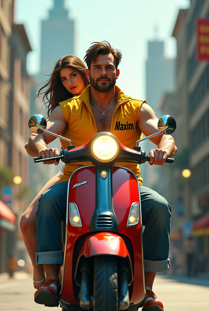 Muscular man, yellow vest that says "Maxim", slightly long hair, riding a scooter, looks handsome, carrying a beautiful girl with big breasts, city background, almost hits a monkey.