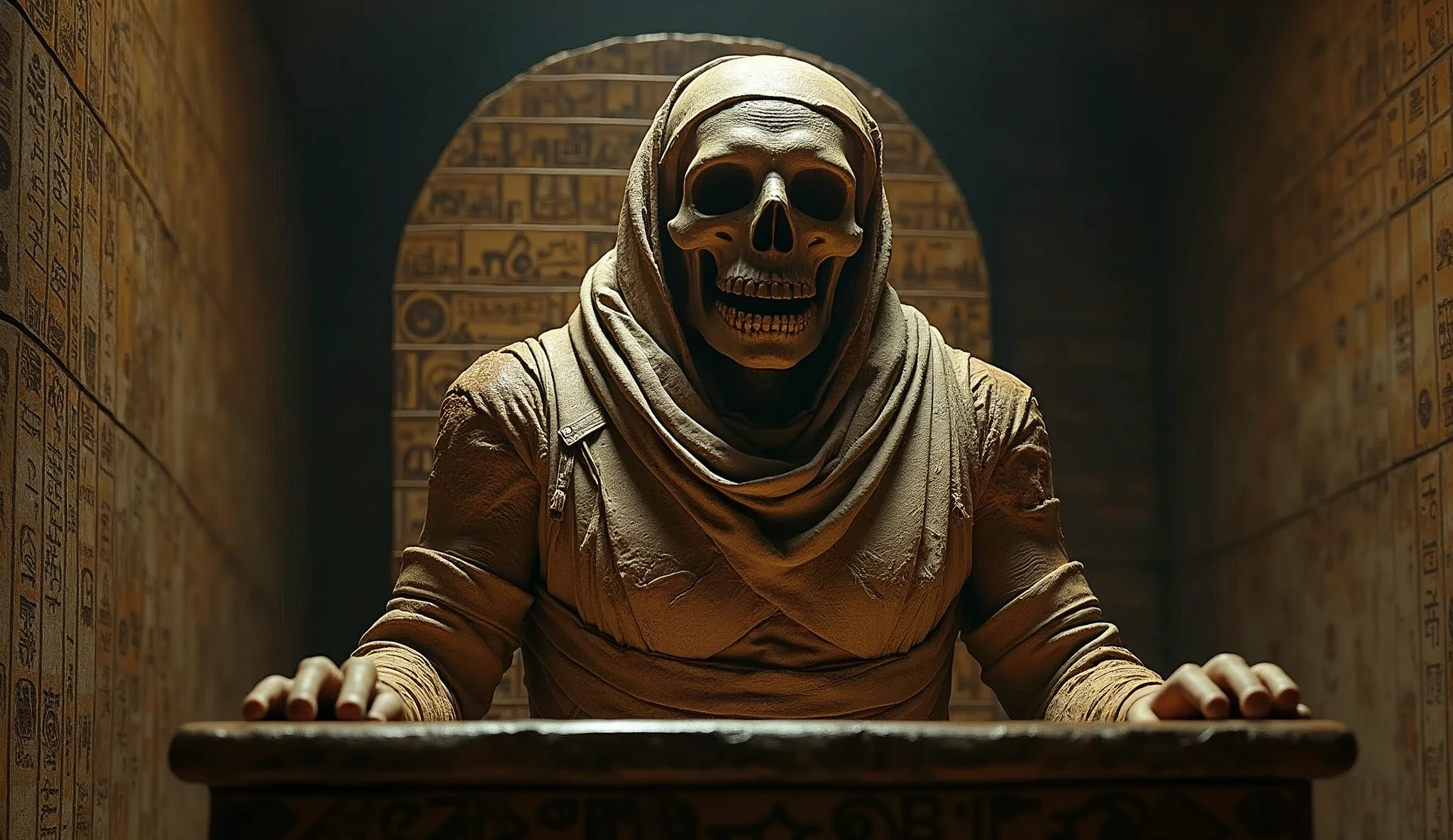 A wrapped mummy emerging from a sarcophagus, its bandages frayed and dusty, with a dark, eerie tomb in the background, highly detailed and realistic