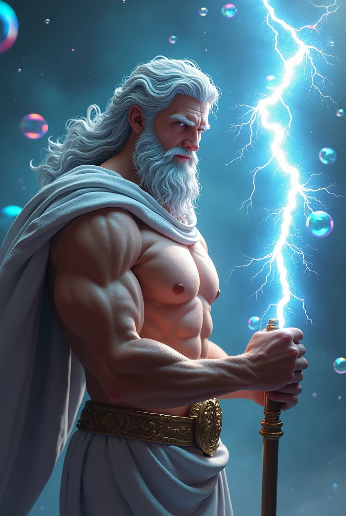 Greek god Zeus, holding his iconic lightning bolt, with soap bubbles in the background