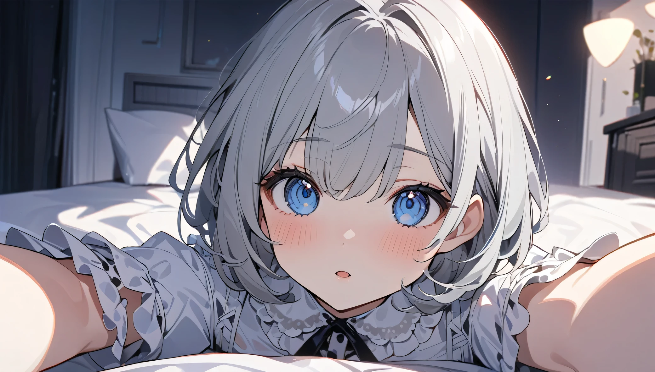 ((high quality,最high quality,8k,Best image quality))Girl 1,Young,cute,(Gray Hair:1.2),,cute,(Short Bob:1.2),Less exposure,Upper body only、(Dark blue eyes:1.1)、(White frills:1.1),(White frillsドレス:1.3)、White gothic clothing,Selfie,Bedroom、Late Night、Lie down on the bed