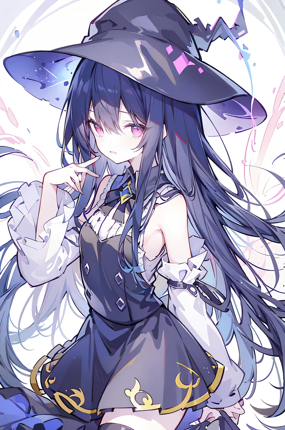 oung Girls,Humanity,A magician always smiles,big witch hat,cute,dark blue long hair,The eyes are dull,The bangs are heavy,Thin eyebrows,fantasy,intake,Double teeth,Star Theme,Constellation pattern,Solid color clothetal decoration,cloak,A bit of a dark atmosphere,A little crazy smile,When the big moon shines outside at night,blood,Hair black star embellishment,Short tie,No nails,High waist skirt,Bell sleeves,Long-sleeved shirt,Black tie,low risk,gentlemen。Mist、Yellow and white effect，Shocking pink as an accent color