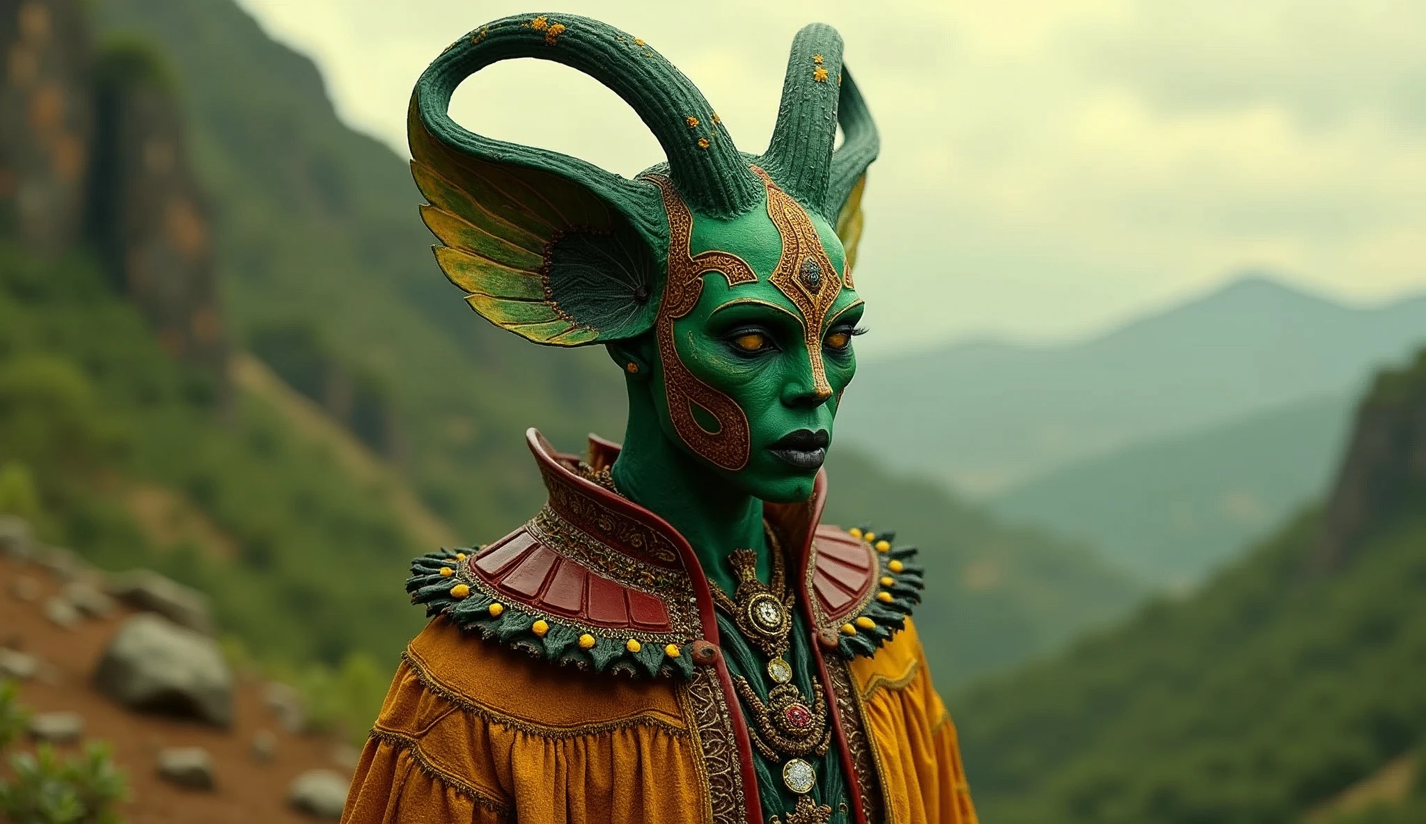 Benin as an african League of Legend vodoo witch creature in green, yellow and red colors. Intricated clothing. Cinematic Fantasy sci-fi landscape background