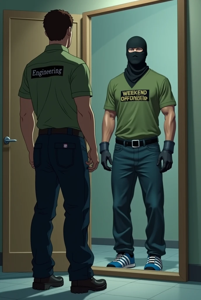 The picture is in the form of an animation of someone wearing a technician's uniform, on the back of his shirt is the word engineering., complete with HT and wearing safety shoes, short and neat hair like he just got a haircut, looking in the mirror in the closet, but the reflection in the mirror is someone wearing a black balaclava and an army green shirt with the weekend offender logo and is a little muscular and wearing three-striped blue Adidas shoes