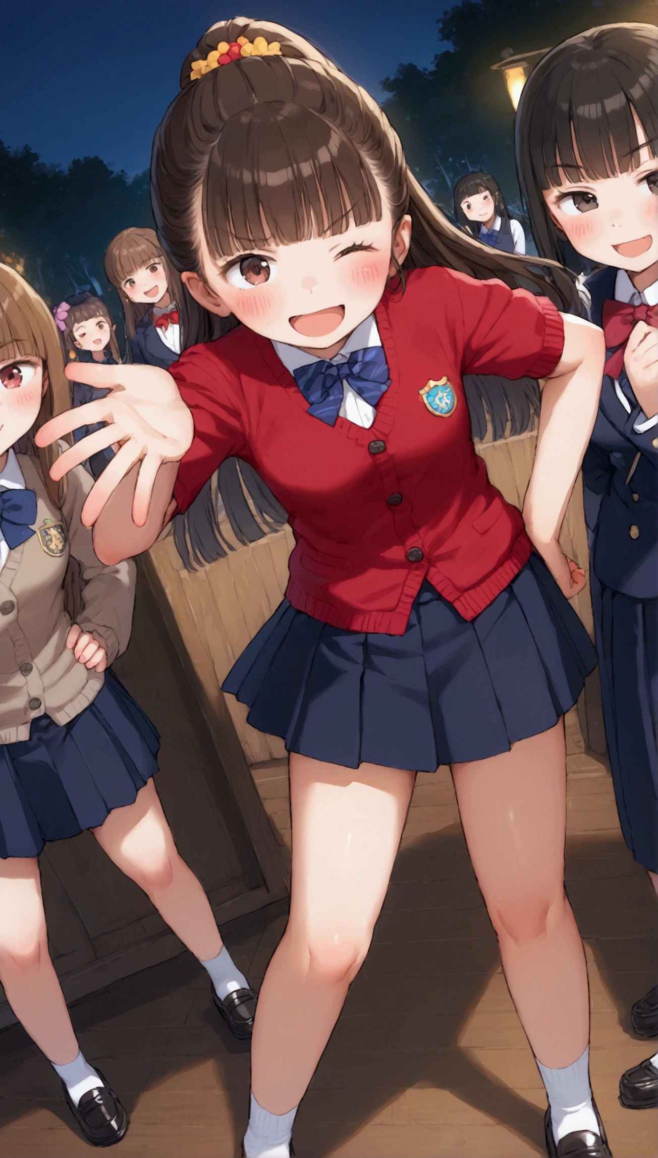 {Highest quality}, {Super beautiful},{Ultra fine},{Best illustration},Brown Hair,Hime cut,long hair,ponytail,One woman,Standing Woman,Strike a pose,Adult women,smug face,Excited face,Wink,uniform,cardigan,Short sleeve,skirt,Night Festival,Blushing,Slender,Black knee-high socks,Black Loafers,From an angle,Spread your legs,Put one hand on your hip