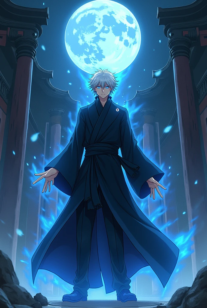 (chef-d'œuvre, illustration, animé:1.3), 1 personne, Satoru Gojo de Jujutsu Kaisen, (tenue noire classique:1.2), debout à l'intérieur d'un temple la nuit, (cheveux blancs en désordre:1.1), (yeux bleus émettant de la lumière bleue:1.2), (Expression calme:1.1), (Yeux découverts:1.1), (présence puissante:1.2), (mystical atmosphère:1.2), (Clair de lune subtil:1.1), (Architecture de temple complexe:1.2), (ombres menaçantes:1.1), (robes fluides:1.1), (Plis et plis détaillés:1.1), (Aura bleue intense:1.2), (symboles de pouvoir qui l'entourent:1.1), (énergie magique rayonnante:1.2), (gestes de lancement de sorts:1.1), (artefacts mystérieux:1.1), (Particules éthérées:1.1), (pose dynamique:1.2), (Bande-son épique:1.2), (sentiment de respect:1.1), (prouesse magique:1.1), sur le pouvoir, mise sous tension, sphère, Extrême, Concentré.