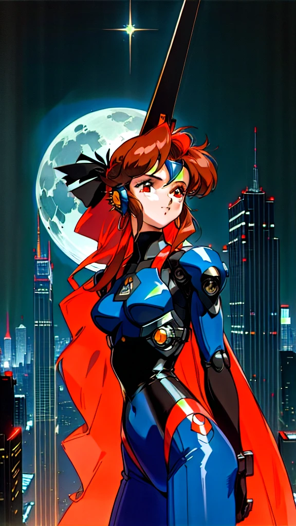 Kenichi Sonoda, retro art-style, 90s Japanese Anime Style, "bubblegum crisis", Sci-fi, Cyberpunk, Neon, Dystopia, (Amid the neon-soaked skyline of towering skyscrapers in mega Tokyo, 20-year-old anime beauty Pris stands alone on a gleaming skyscraper spire, bathed in the dazzling glow of the full moon. Her striking features are accentuated by a dark blue metal hard suit adorned with vibrant orange lines inspired by Syd Mead's industrial machine designs. Her brown medium-length hair frames her piercing gaze while she flashes a confident smile at the viewer. With fearless determination etched on her face, Pris is imposing and her entire presence exudes an aura of cool, stylish elegance. The smooth curves of her shadow, backlit by the moon, create a captivating silhouette, showcasing her unparalleled charm. She takes off the restrictive full-face headset and shakes her head, feeling the freedom. A beauty under the watchful eye of the city's towering skyscrapers.), 1girl, solo, The main character, "Priss", 20yo, anime beauty, Cool beauty, Unparalleled beauty, Brown medium length hair, forehead, red eyes, Cold and sharp eyes, harsh brushstrokes, dramatic lighting, A dark blue metal hard suit with orange lines has a sophisticated design, fearless look, an expression of ridicule, smile, Standing alone in the backlight, she looks cool and stylish, Standing, looking at us, close-up photography of upper body, bust shot, Depth of field, character focus, (masterpiece, anime cg, official art, work of art, Award-winning work, extreme quality, ultra high definition, all intricate, overall detailed, finely detailed, super detailed, very aesthetic, boast pompously, focus on entire screen, asymmetrical, raytraced, caustics, textile shading, incredibly absurd resolution, absolutely resolution, ultra high resolution, professional, vivid colors, 16k, perfect anatomy, ideal facial features, Beautifully detailed face, Beautifully detailed eyes, ideally proportioned figure, perfectly beaut