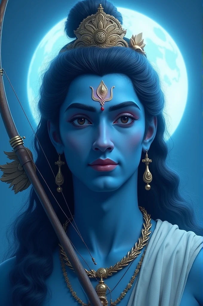 Lord Shri Ram's face was bright, gentle, soft and beautiful like the moon. His eyes were beautiful and big like lotus. His nose was long and well-shaped like his face. He has a bow and arrow in his hand. Blue colour full body, metal black hair