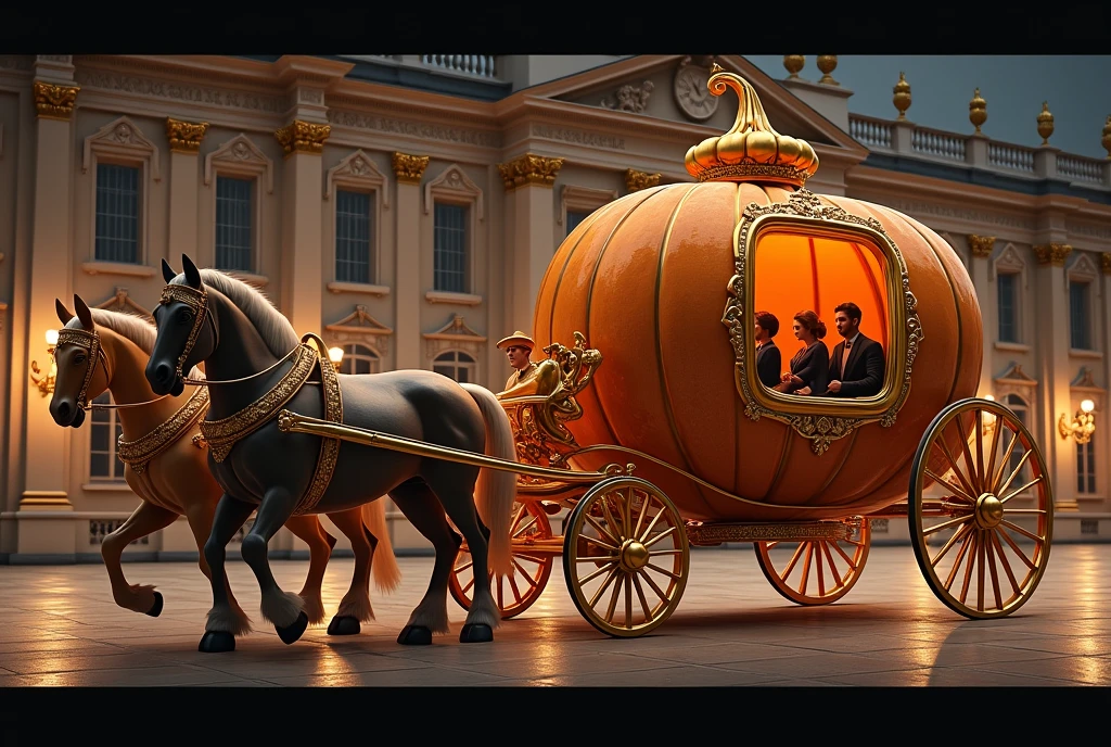 front view, There is a two-horse carriage, (((Two horses are pictured:1.3))), (((4 wheels carriage:1.3)))  night, in front of the royal palace, The carriage seats four people, Go everywhere－It is elegantly decorated,  cinematic lighting, elegant and ornate, ornate with 4 gold trimmings, exquisitely ornate, ornate and elegant, ornate gold, highly ornate, gilded with gold, regency-era, extremely opulent, ornate gilded details, ornate and flowing, carriage made of pumpkins, ornate and detailed