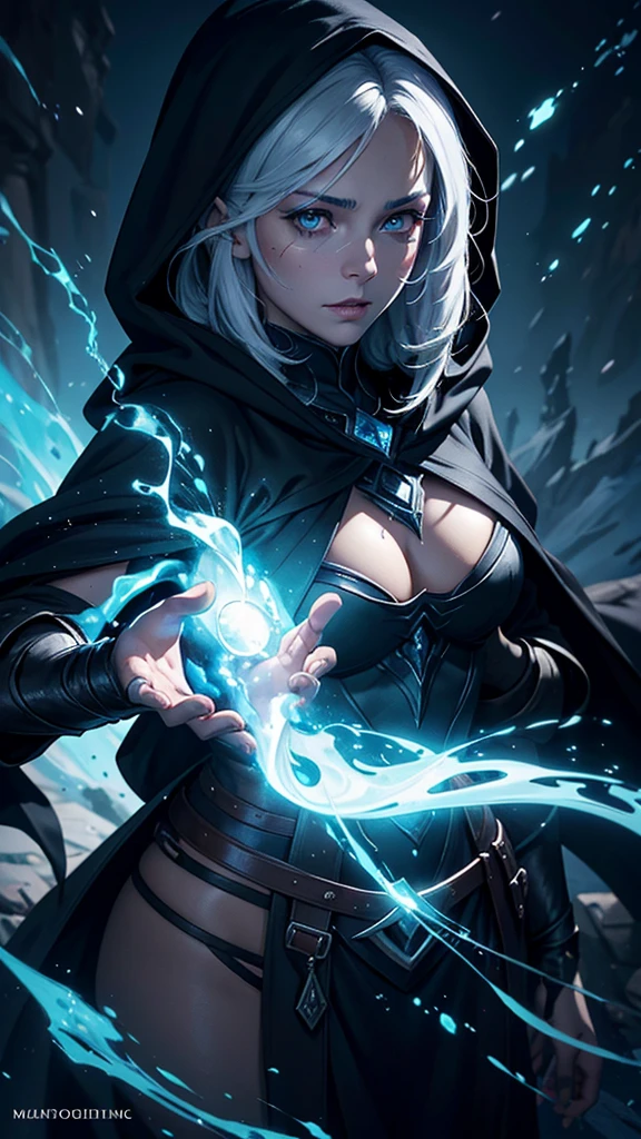 a beautiful mystical elfa sorceress, modest, wearing an old dark hooded cloak, white hair, deep dark eyes, tan skin, brave warrior, ambitious, not very friendly, orphaned thief, detailed face, (best quality,4k,8k,highres,masterpiece:1.2),ultra-detailed,(realistic,photorealistic,photo-realistic:1.37),vivid colors,dramatic lighting,dark fantasy,concept art,digital painting