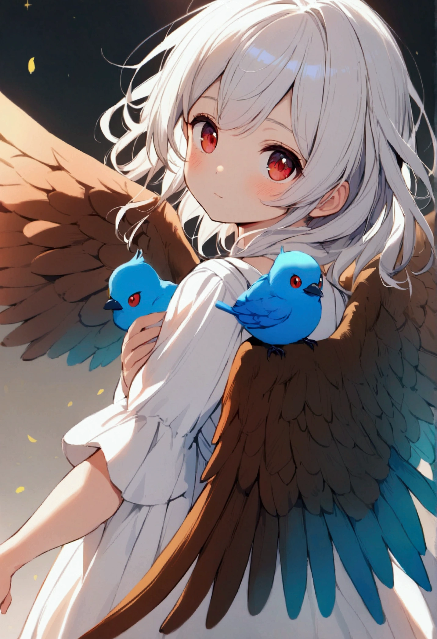 6 years old girl, white hair, red eyes, white dress, blue bird wings on her arms, brown wings on her back