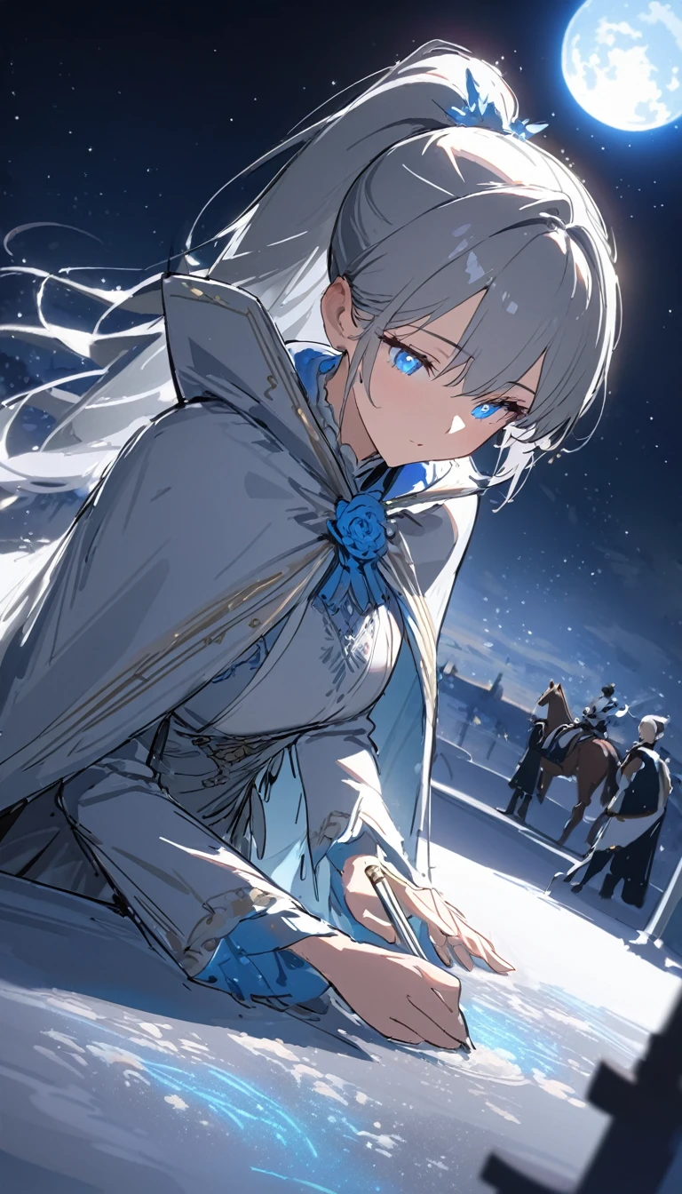 masterpiece, (Highest quality: 1.2), (Super Fine: 1.2), figure, (Very delicate and beautiful: 1.2), Film Angle, floating, (Beautiful detailing: 1.1), (Detail Light: 1.1), Film Light, Delicate Sky, woman, Gray Hair, blue eyes, (High Ponytail: 1.1), Cape, Glowing Eyes, (moon: 1.2), (moonlight: 1.1), Starry Sky, (Particles of light: 1.1), fog , Snow Painting, sketch, flowering