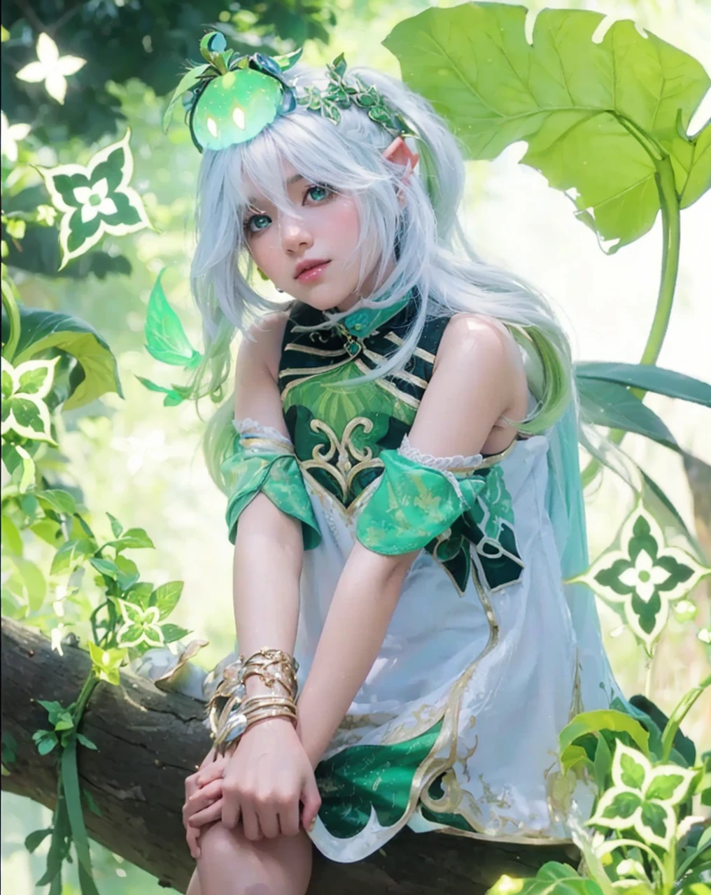 ( NAHIDA_GENSHIN IMPACT),((realistic, photorealistic)),(highlight hair)), Light reflection, (( HD )),((upper body)), (((best quality, masterpiece))), (masterpiece) (best quality) (detail) (8k) (HDR) (wallpaper) (cinematic lighting) (sharp focuasterpiece, best quality: 1.1), Real life adaption of this character, Asian teen beauty face, Shining Purple eyes, realistic outfit, realistic shadow, realistic light, realism, hyper realistic, realistic background,(photorealistic:1.2), 1girls,Background of god tree, magic plant, creeper roots, glowing, base of magic plant,Sunlight, vines on trees, flying light, elf-eared,Flying leaves, motion blur, loose hair, white hair, wind lines,fallen tree foreground blur,tree background, creeping tree roots, floating robes, floating hair, light sun, Particles light,Sitting on a tree,