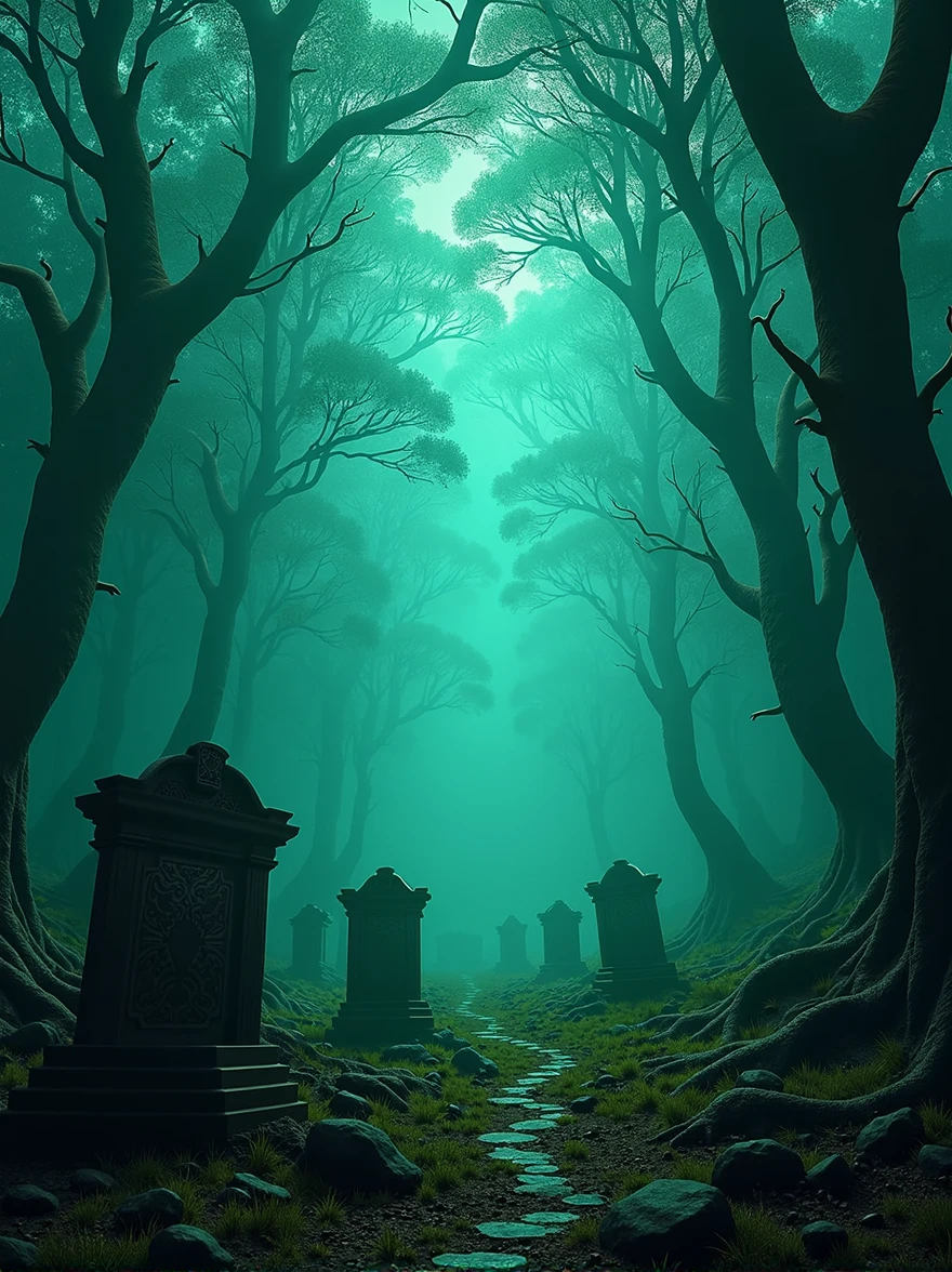 imagine a dark place with dark neon colors, this place is a forest with tombs, the colors are dark and light neon green, format: 16:09