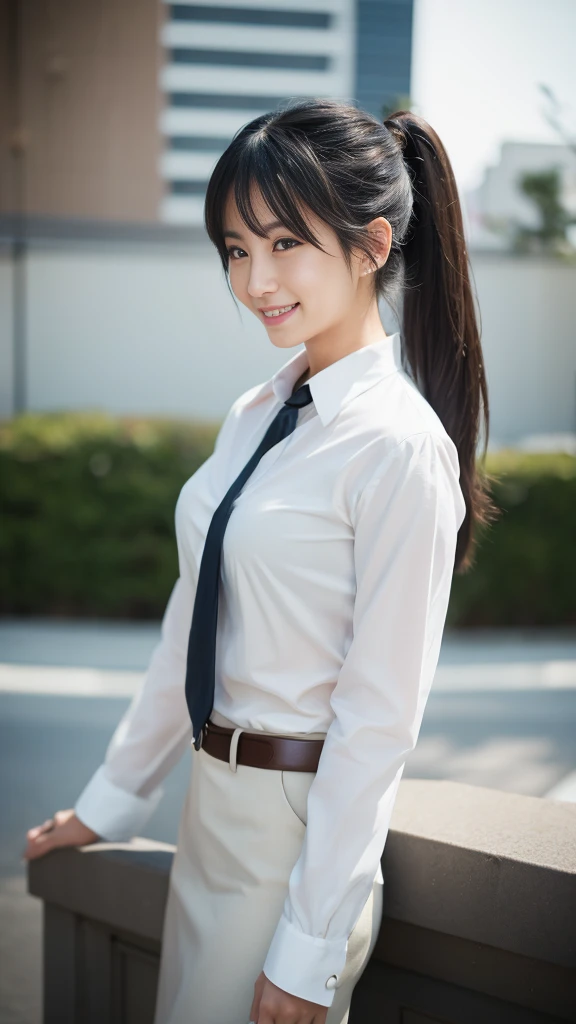 One person,((woman)),(Age 25:1.3),(Japanese,Cool Beauty:1.2),(Photorealistic,Perfect Anatomy:1.3),(Super detailed, masterpiece:1.2), Highest quality,RAW Photos, Exquisite, beautiful ,Cowboy Shot,Sharp focus, Depth of written boundary ,Blur the background, Bokeh ,Lens flare, Ray Tracing,Cinema Lighting,,Dress shirt、business suit,Sexy pose,Half-laugh,Medium Hair,Lower ponytail,Black Hair