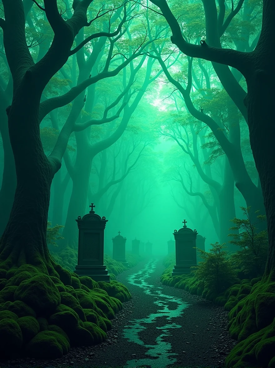 imagine a dark place with dark neon colors, this place is a forest with tombs, the colors are dark and light neon green, format: 16:09