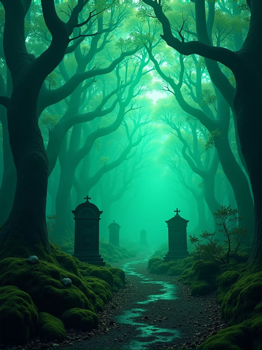 imagine a dark place with dark neon colors, this place is a forest with tombs, the colors are dark and light neon green, format: 16:09