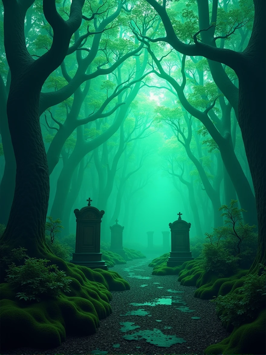 imagine a dark place with dark neon colors, this place is a forest with tombs, the colors are dark and light neon green, format: 16:09