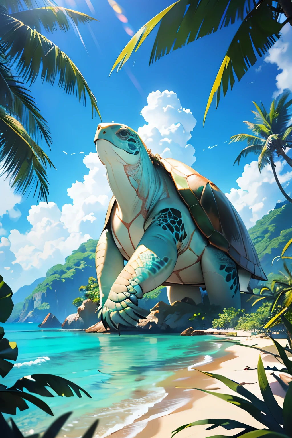 a giant sea turtle, idyllic tropical island, lush jungle foliage, crystal clear turquoise waters, white sandy beaches, coconut palm trees, vibrant colorful flowers, detailed textures, cinematic lighting, photorealistic, (best quality,4k,8k,highres,masterpiece:1.2),ultra-detailed,(realistic,photorealistic,photo-realistic:1.37),HDR,UHD,studio lighting,ultra-fine painting,sharp focus,physically-based rendering,extreme detail description,professional,vivid colors,bokeh,landscape